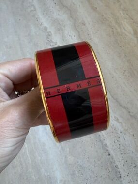 Hermes Red and Black Enamel Wide Cuff Bracelet with Gold Trim